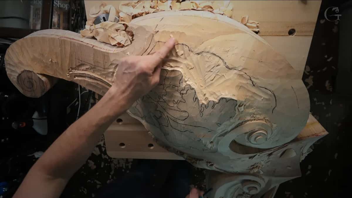 Index finger follows a drawn line across the lowered surface, big volute on the right
