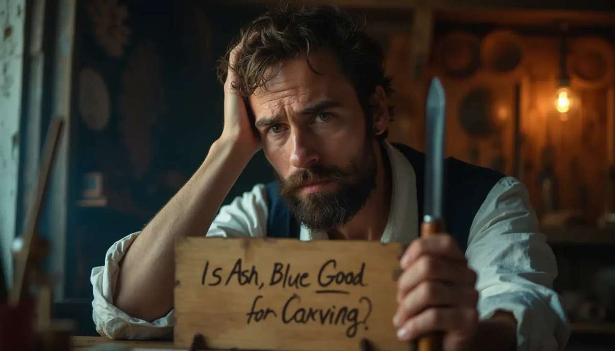 WOODCARVING LESSONS: Woodcarver Grabovetskiy, a man with a beard, holds a sign that says "What wood is the best for carving?" He looks thoughtful. Carving tools are on the table in front of him. - Wood Carving tutorials