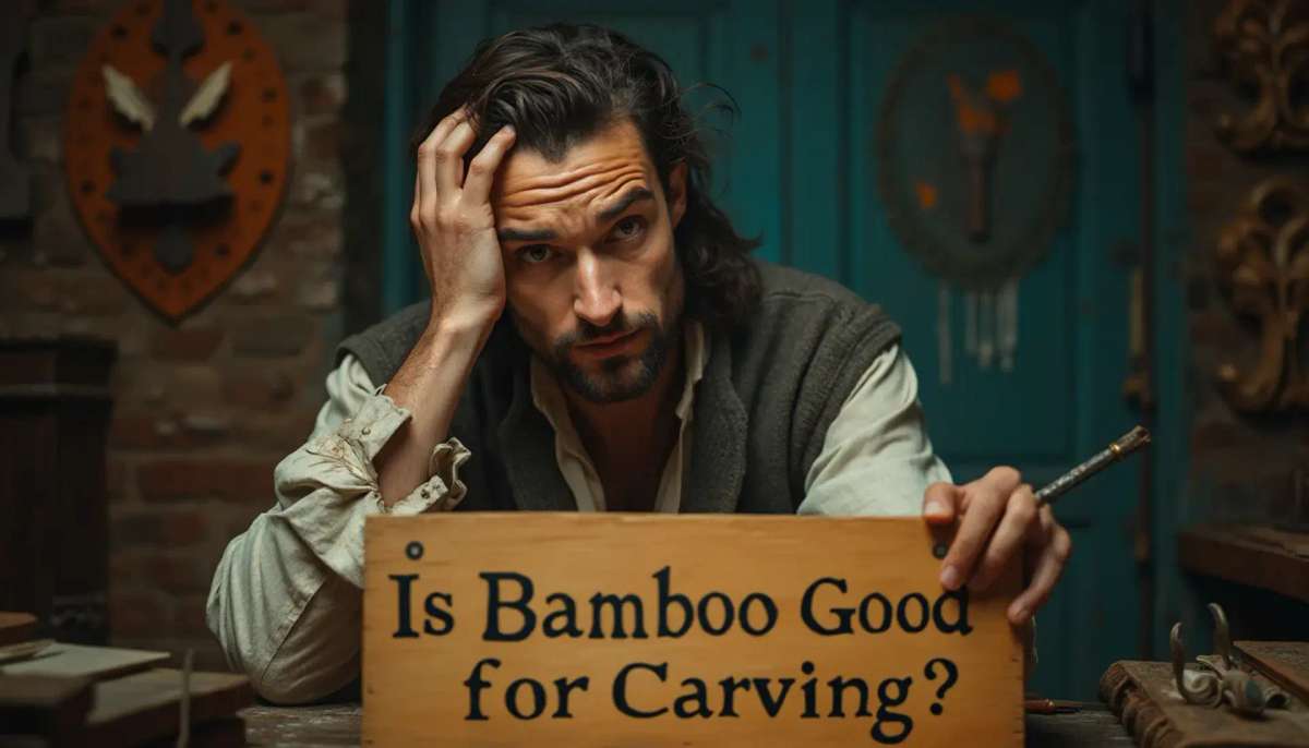 WOODCARVING LESSONS: Woodcarver Grabovetskiy, a man with a beard, holds a sign that says "What wood is the best for carving?" He looks thoughtful. Carving tools are on the table in front of him. - Wood Carving tutorials