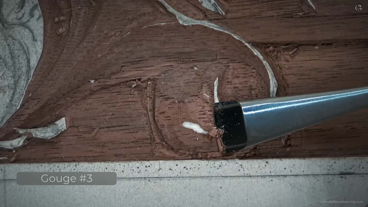 Wide blade with a black ferrule down in the hollow of the curl, the screen naming it Gouge #3