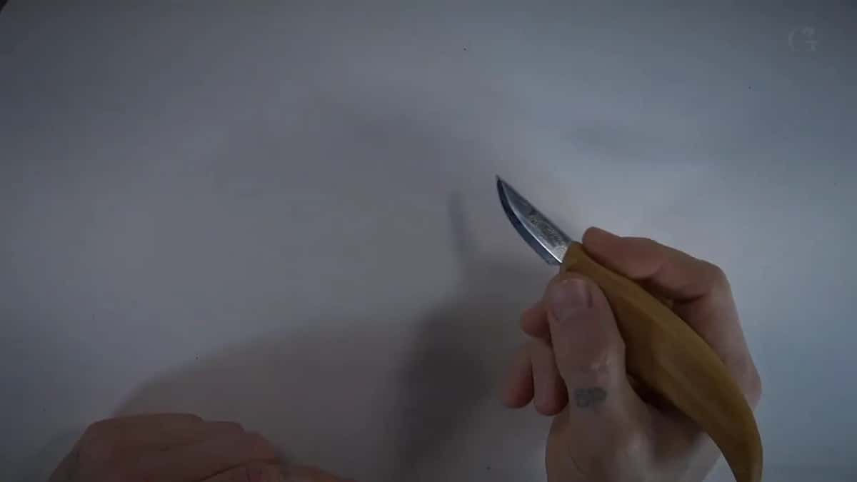 Carving knife in one hand, short curved blade.