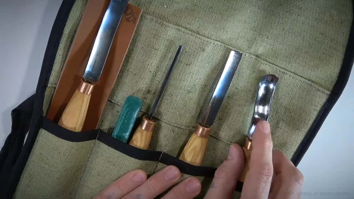 Tools in their pockets beside the leather, a green compound bar between them