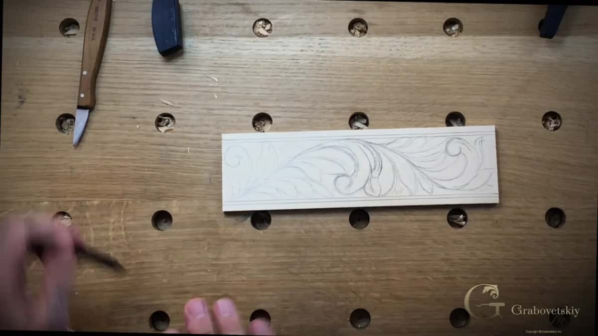 Whole band of leafage drawn out, nothing carved yet