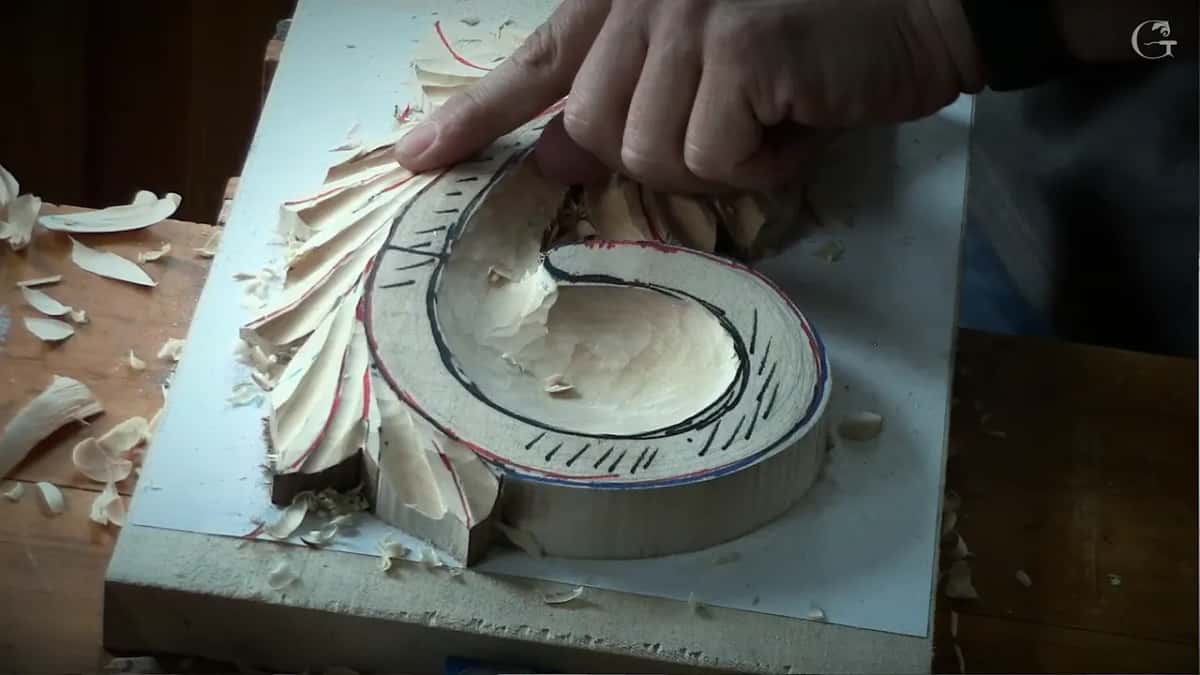 A finger points at the top leaves of the scroll