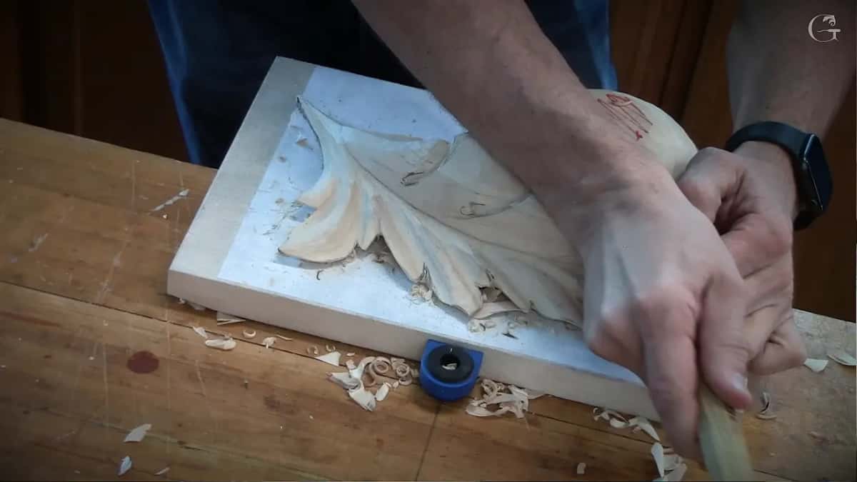 Both hands on one tool at the lower leaves, a black watch on the wrist