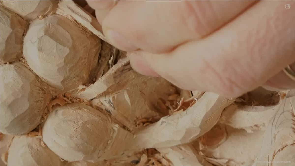 A thumb comes down close over the stem loop, the grapes around it already faceted by the gouge