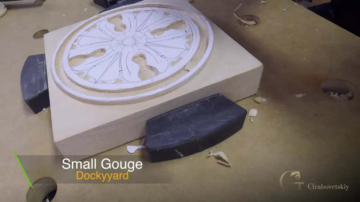 A caption on screen reads Small Gouge, Dockyard, over the clamped rosette block.