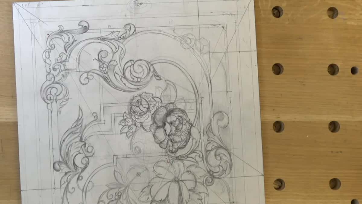 Whole drawing seen from above on a bench full of round dog holes, Top circled at the upper edge