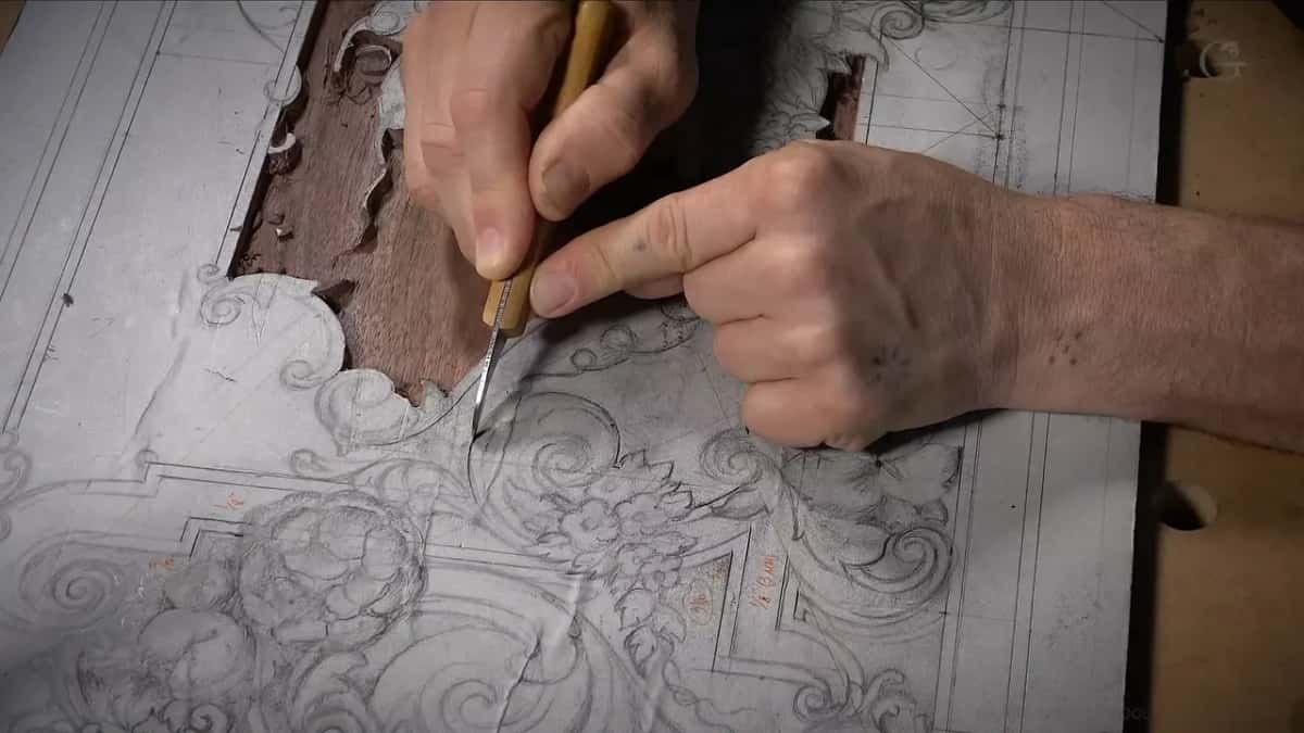 Thumb on one side of the blade and a finger on the other as the knife follows a curve