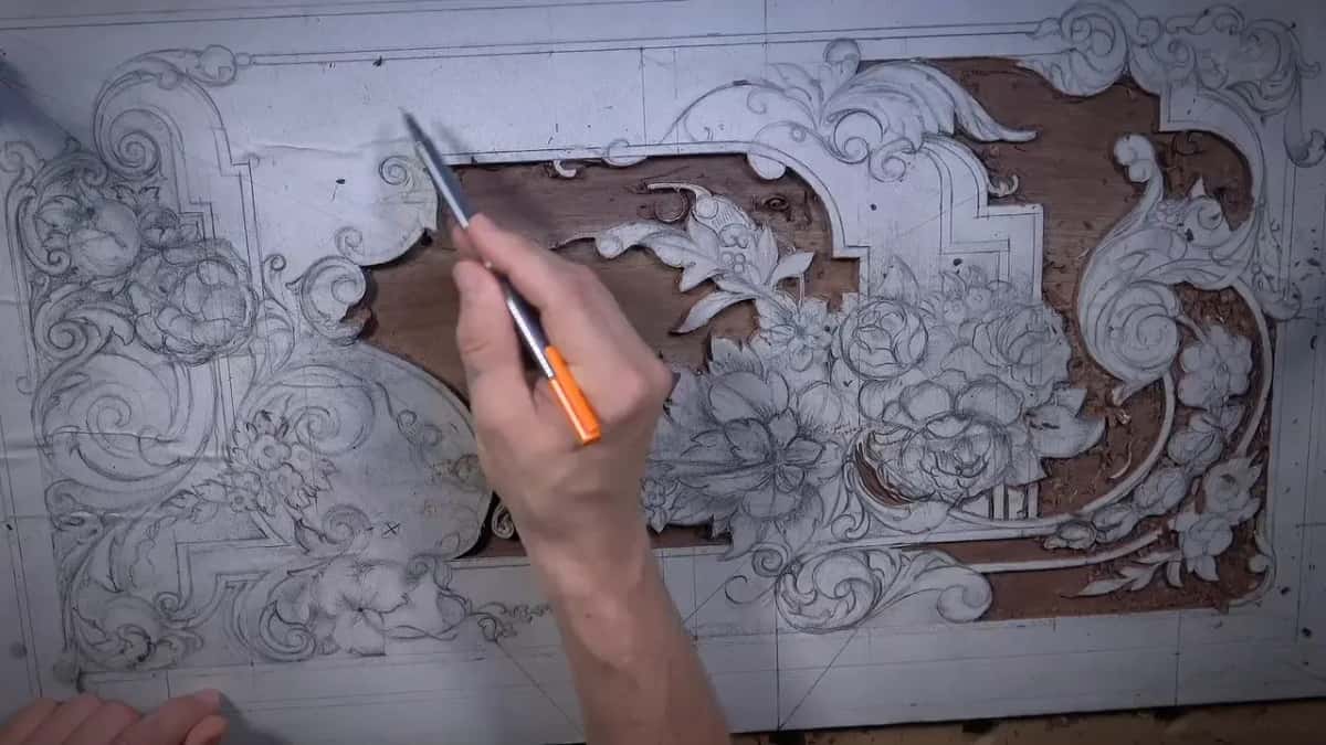 Pointing with an orange pencil at the center of the whole panel