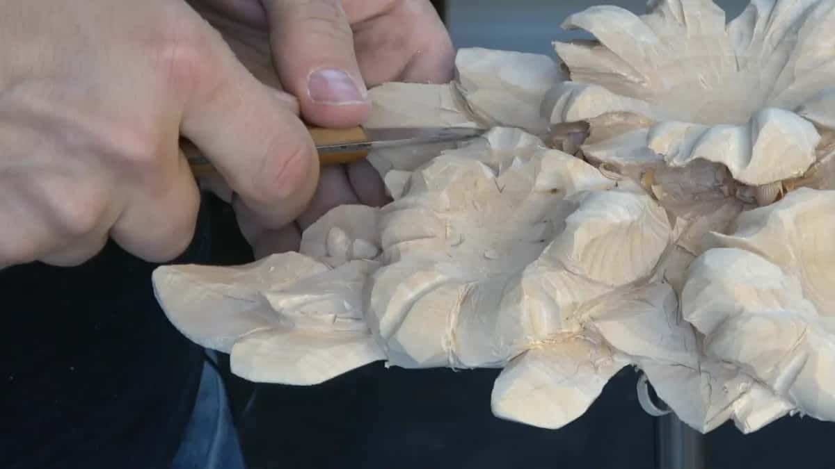 Pale handled knife slicing along a petal edge