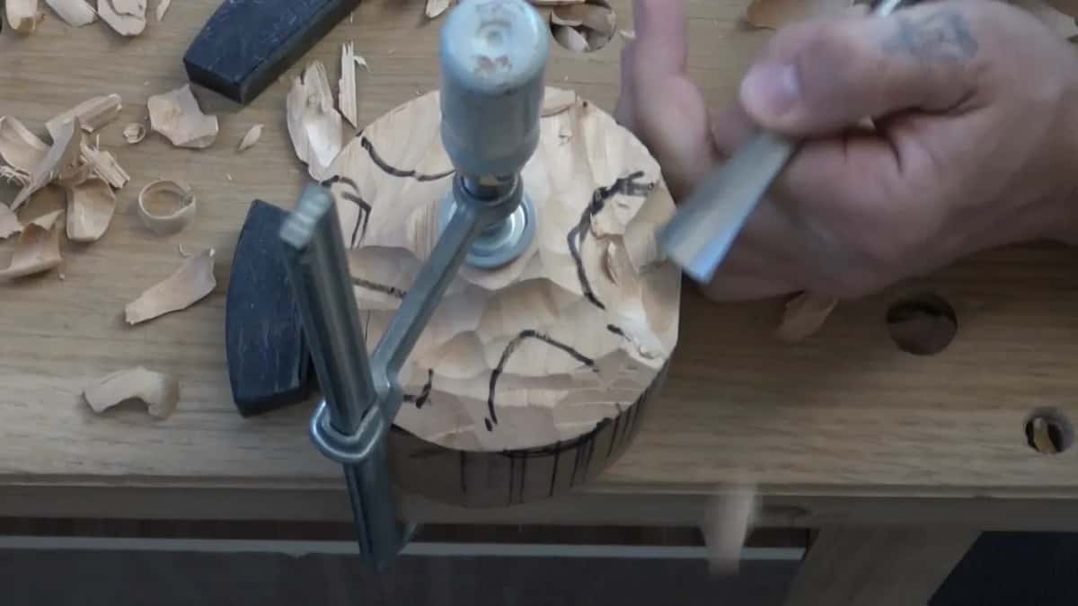 Overhead view, marker lines and a gouge