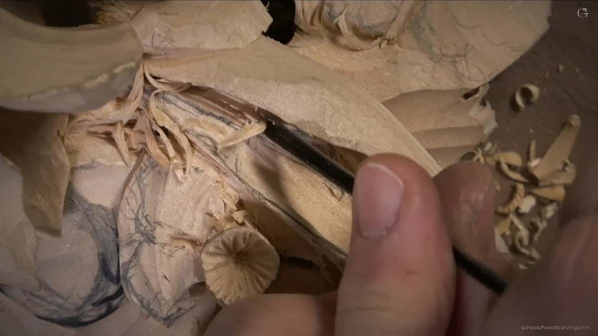Thin dark tool held deep under the leaf edge