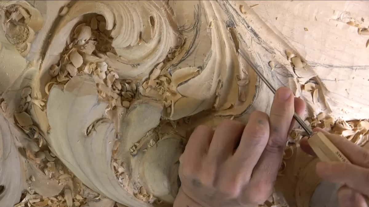 Fingertips steer a very thin tool along a raised line of the leaf while shavings pile up around it.