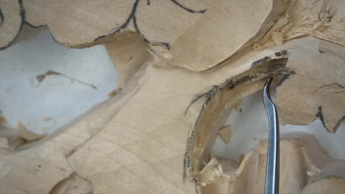 Bent shank down in a hollow under a pencil-hatched edge