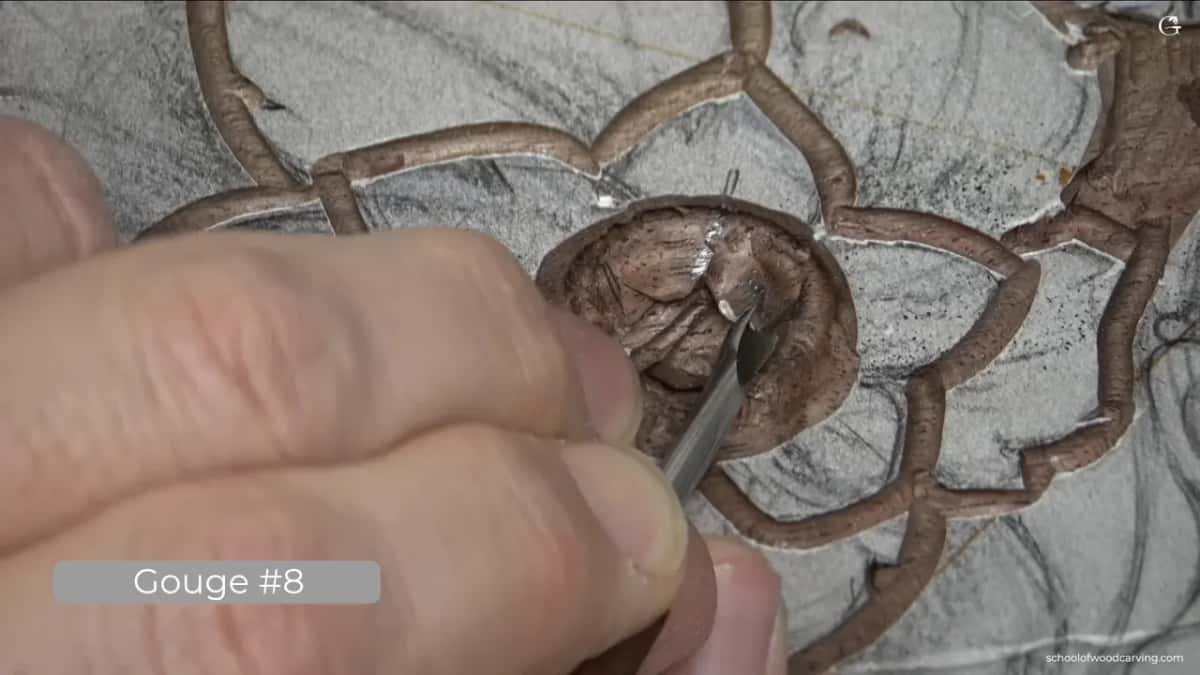 Close view of fingers and a small gouge on one division of the dome, caption Gouge #8