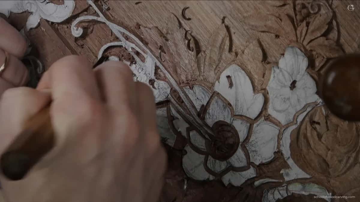 Fist on a dark handle at the big flower's round middle, a mallet head at the right edge.