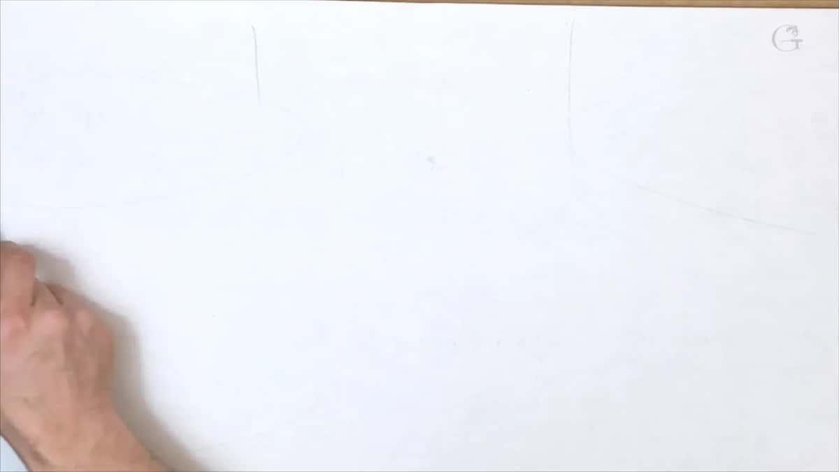 A few faint pencil ticks on the white paper, one hand at its left side