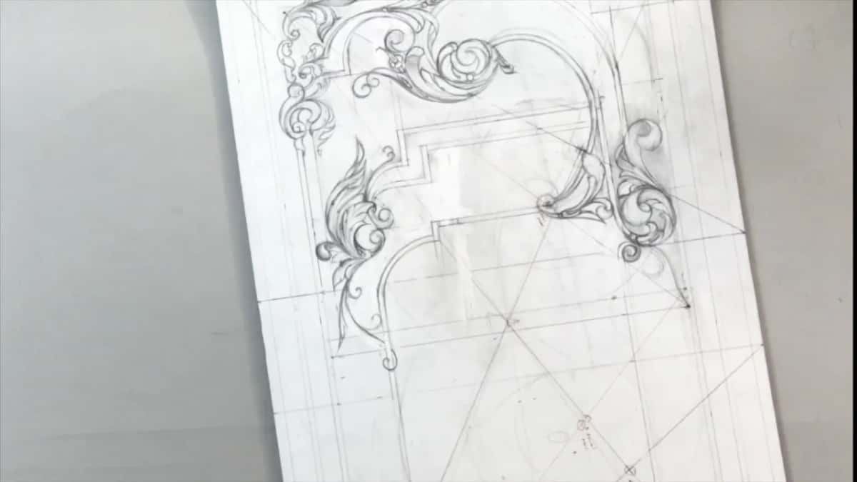 Nobody at the drawing, the leafy scrolls on three sides of the open middle