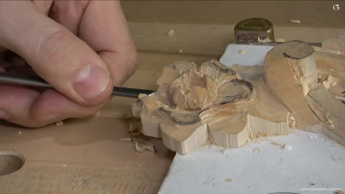 Slim tool guided along the side of the flower, the long leaf of the panel running off behind it toward the clamp.