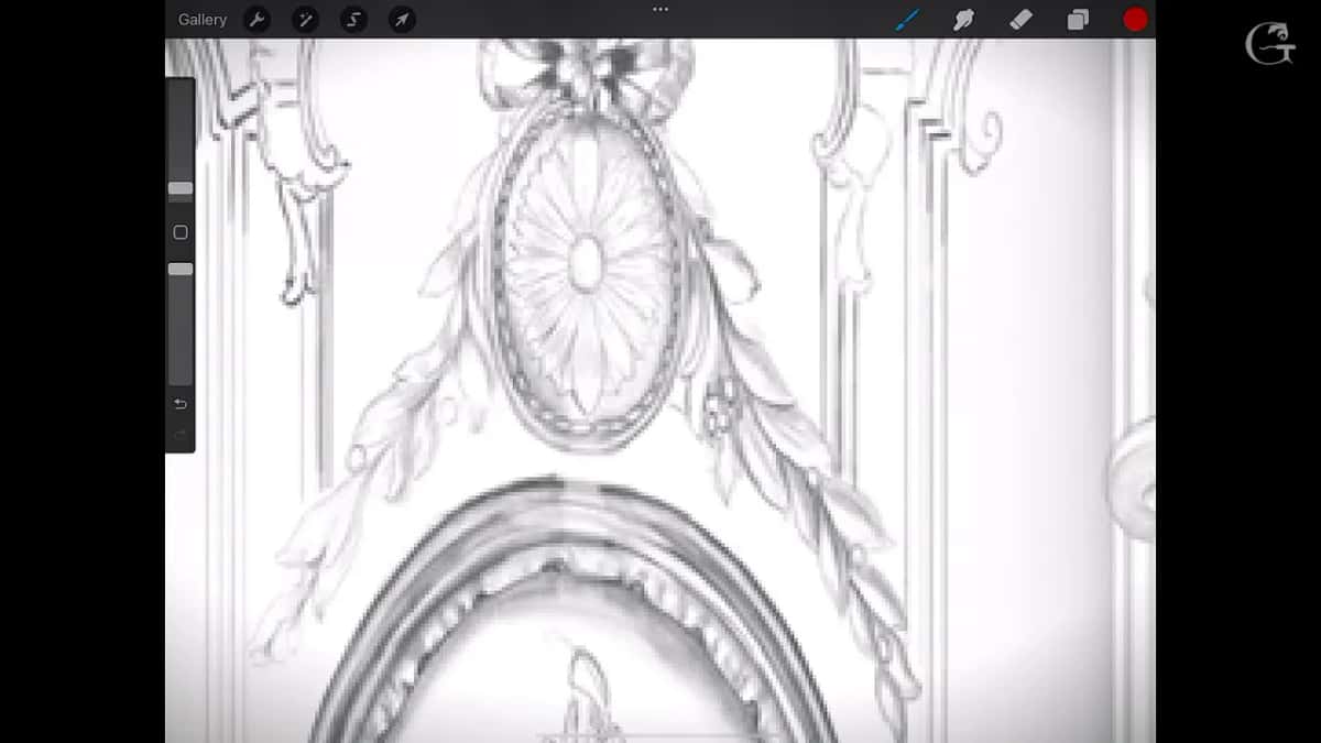Drawing app showing a rosette in an oval, a bow above it and leaf garlands down each side