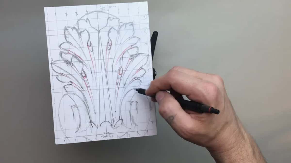 Whole drawing finished on its grid, the pen near the right edge