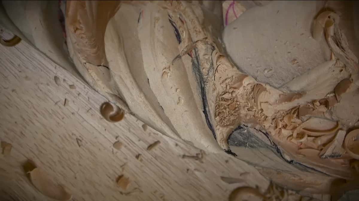 Rounded lobes and a deep blue lined hollow seen close, no hands in the frame, shavings on the bench