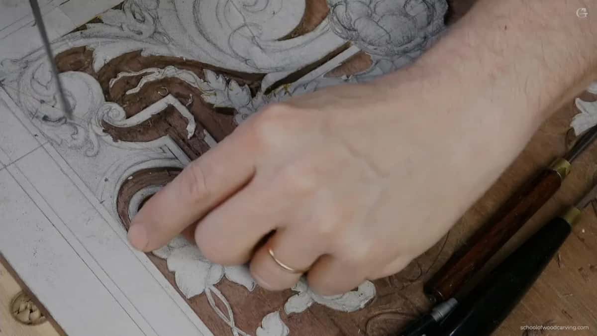 Thin tool slanting into the stepped molding, two handles at the edge