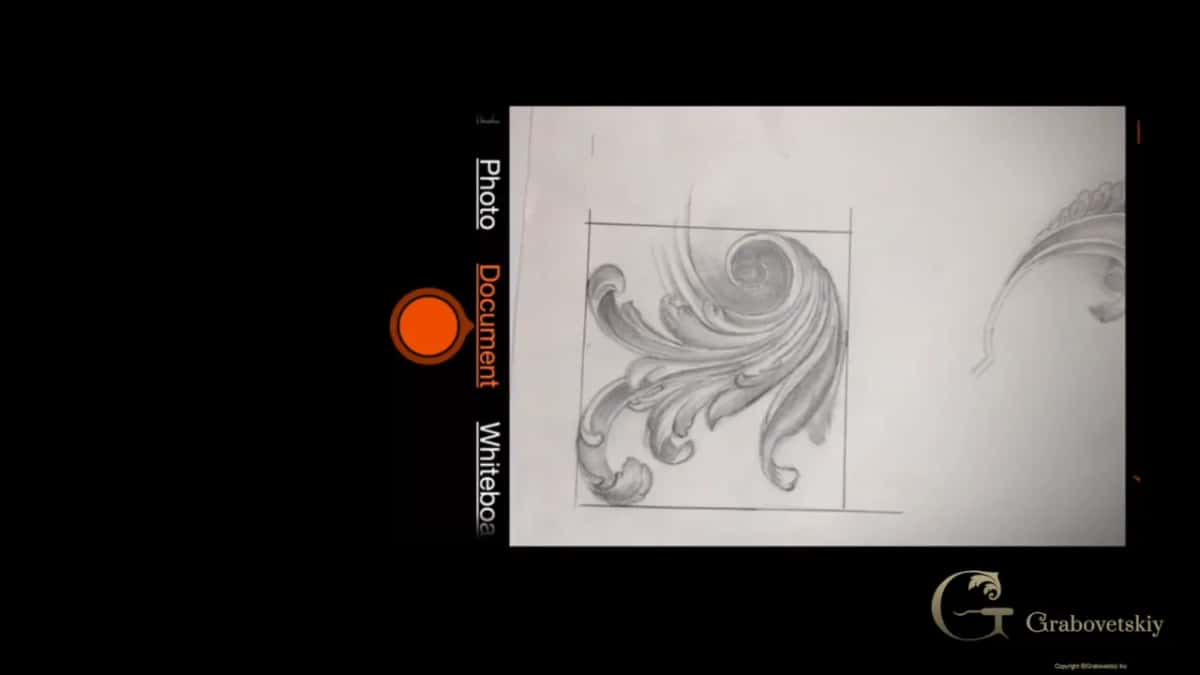 Document mode picked in the app, the boxed sketch in view with another scroll at its edge