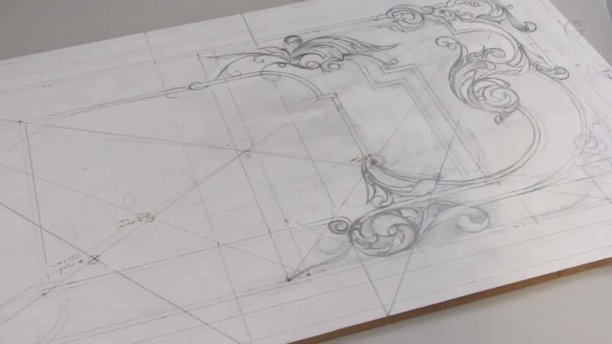 Wide board, top half fully drawn, bottom half carrying nothing but ruled lines