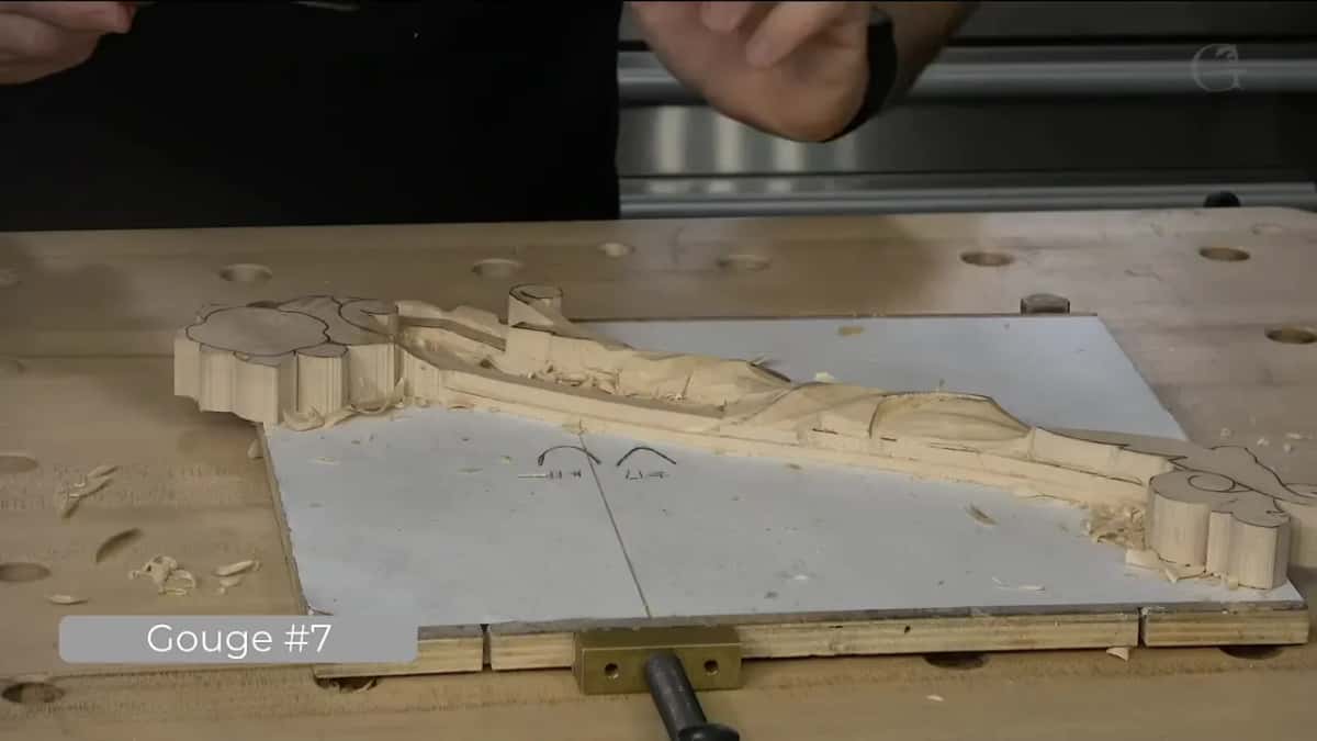 Wide view of the bench with the Gouge #7 card.