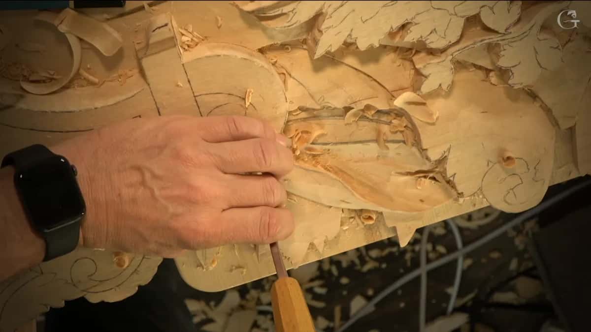 His hand, wearing a black watch, holds the tool upright at the leaf.