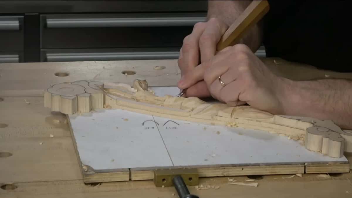 Side view of both hands holding a small tool along the leaf on its white backing board.