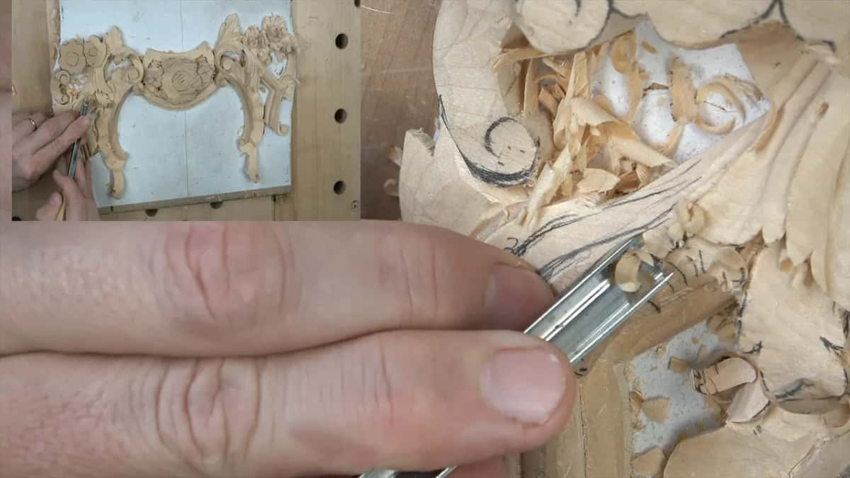 Fingers push a veiner into the leaf, a curl of wood rising out of its groove