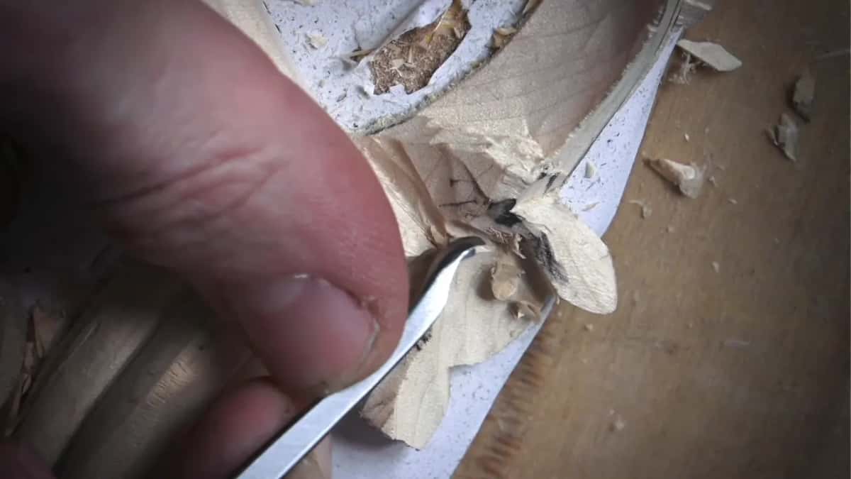 Thumb over a tiny spoon under the leaf