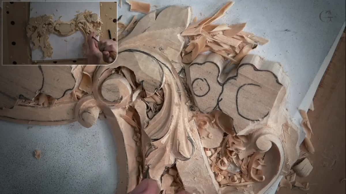 Carved scroll and leaf from above