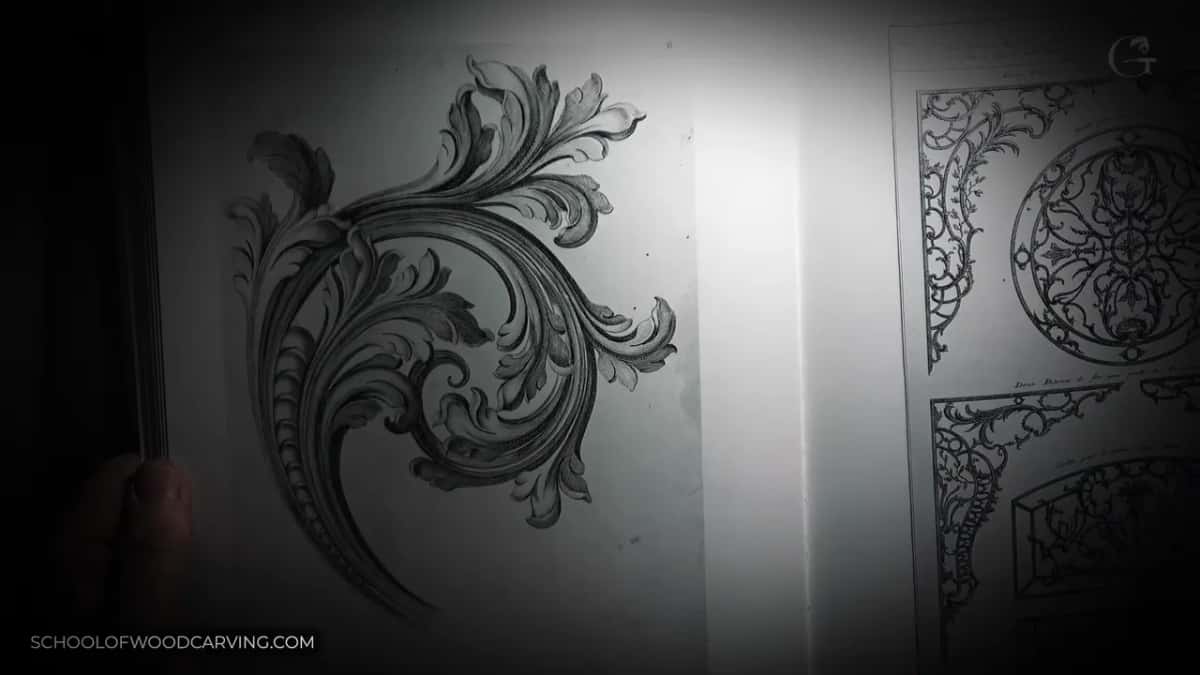 An acanthus scroll print beside pattern plates