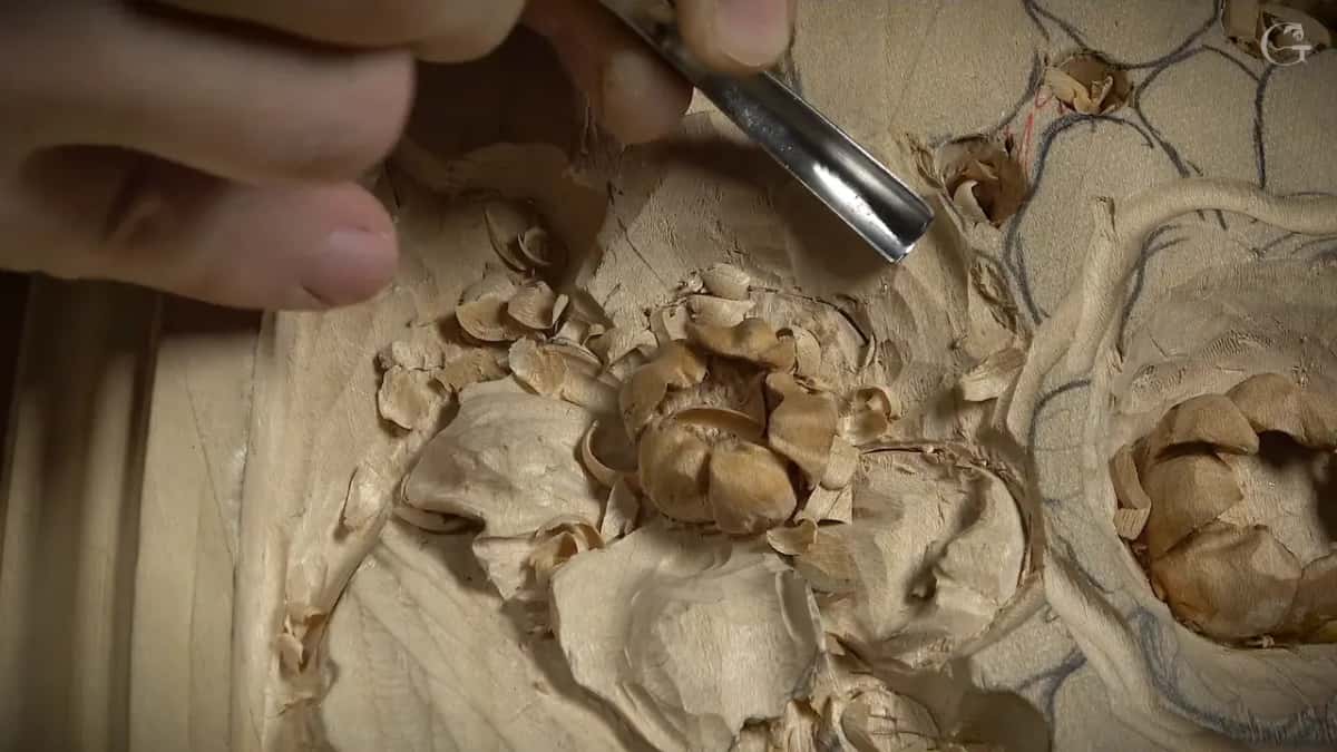 Gouge at work on another petal, chips around