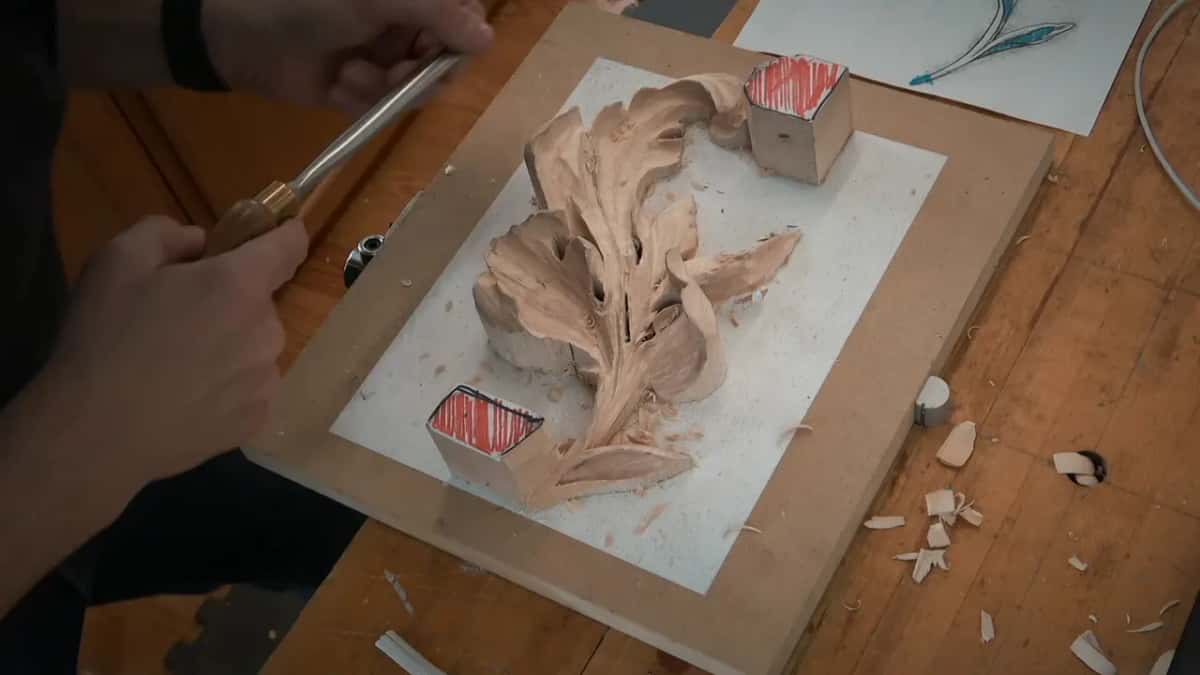 Held low from the left, a wood handled tool reaches the top end of the leaf, shavings on the bench