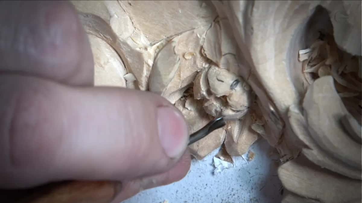 His fingertips right beside a small curved tool working inside the flower's middle