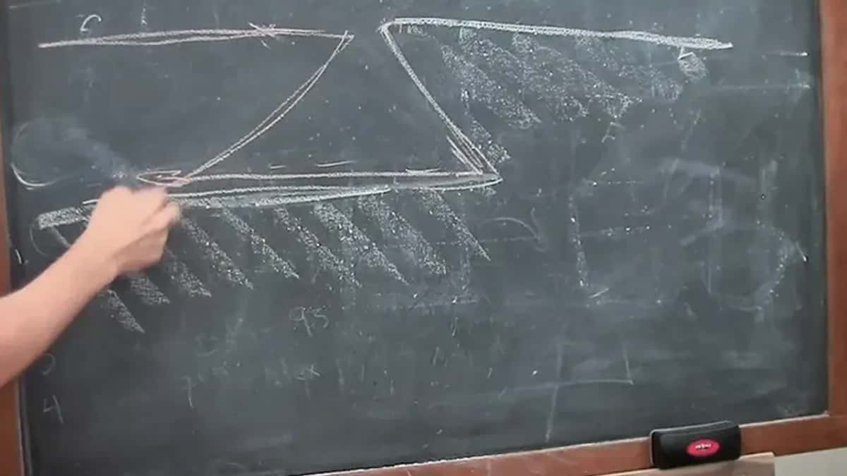 Second chalk outline, the top of the blade curving ahead of its point
