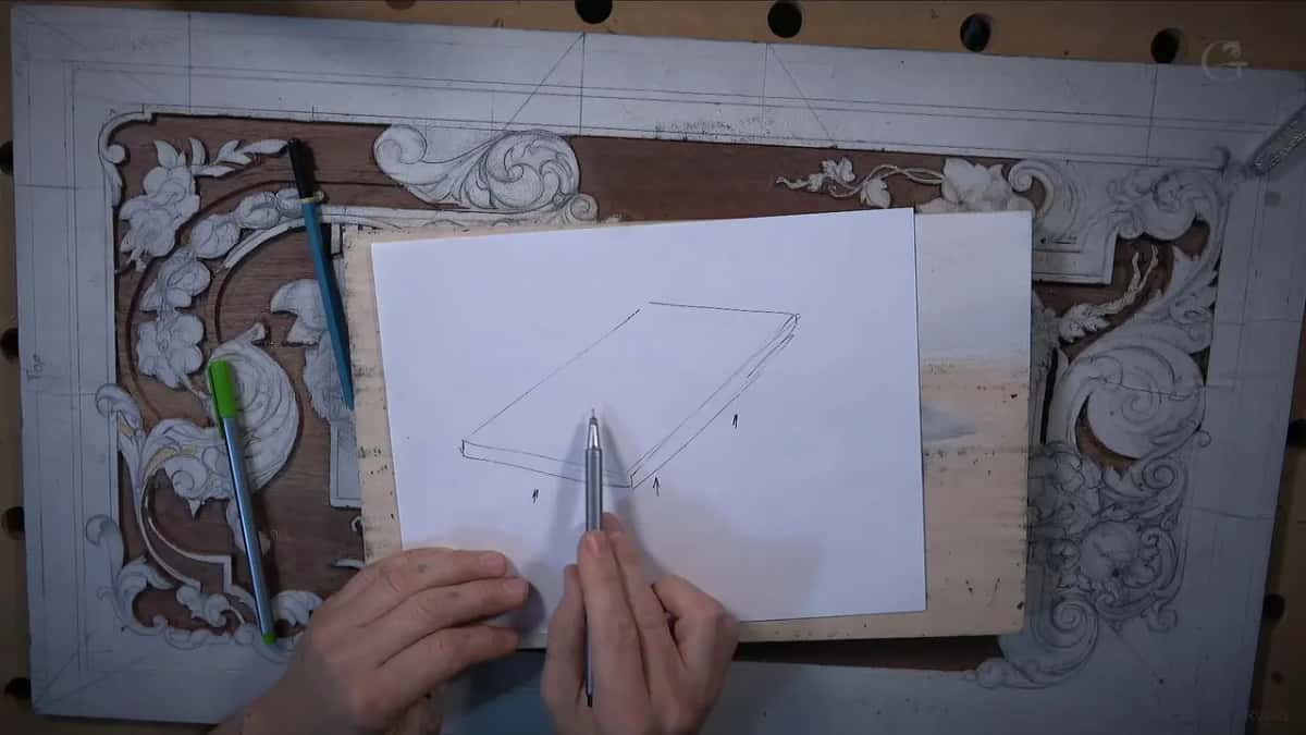 Hands sketch a thin panel in 3D on white paper