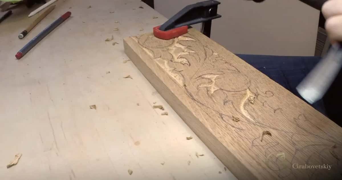 Clamped oak board, outline done
